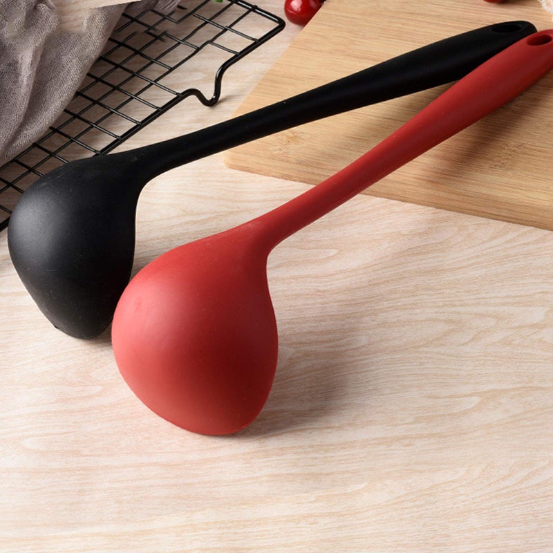 W WBLD Silicone Ladle Soup Spoon Set of 2, Nonstick Heat Resistant Long Handle Unbreakable Big Round Scoop for Home Kitchen Cooking,Red and Black - Image 4